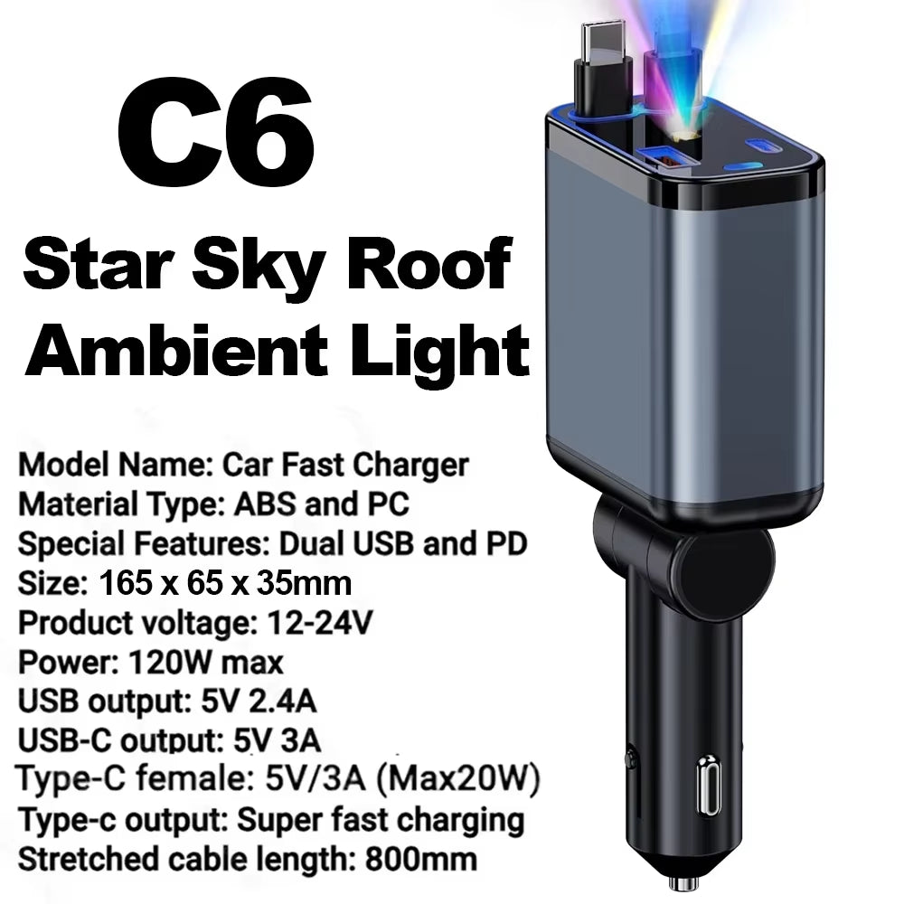 120W Car Retractable Super Fast Charger for Apple Type C USB Charger Socket Digital Display Cigarette Lighter Adapter PD QC3.0