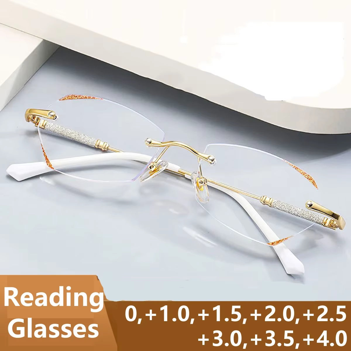 Diamond Cut Reading Glasses Luxury Rimless Anti-Blue Light Presbyopia Eyeglasses Finished Optical Farsighted Eyewear Diopter