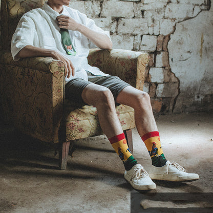 Couple Retro Pure Cotton Mid Tube Floral Socks