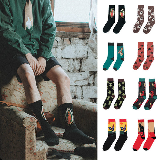 Couple Retro Pure Cotton Mid Tube Floral Socks