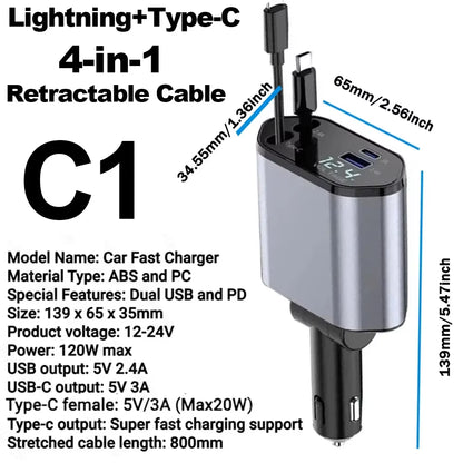 120W Car Retractable Super Fast Charger for Apple Type C USB Charger Socket Digital Display Cigarette Lighter Adapter PD QC3.0