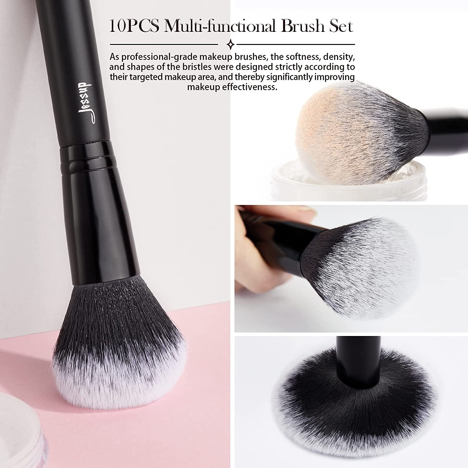 Makeup Brush Set 10Pcs Black Make up Brushes Set Professional with Natural Synthetic Hair for Foundation Blending Blush Concealer Eyeshadow Eyebrow Eyeliner, T323
