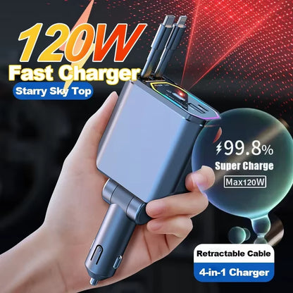 120W Car Retractable Super Fast Charger for Apple Type C USB Charger Socket Digital Display Cigarette Lighter Adapter PD QC3.0