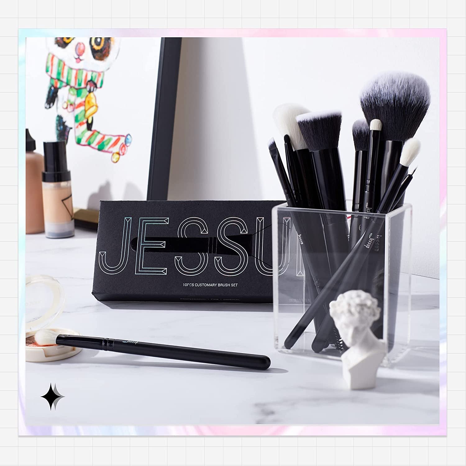 Makeup Brush Set 10Pcs Black Make up Brushes Set Professional with Natural Synthetic Hair for Foundation Blending Blush Concealer Eyeshadow Eyebrow Eyeliner, T323