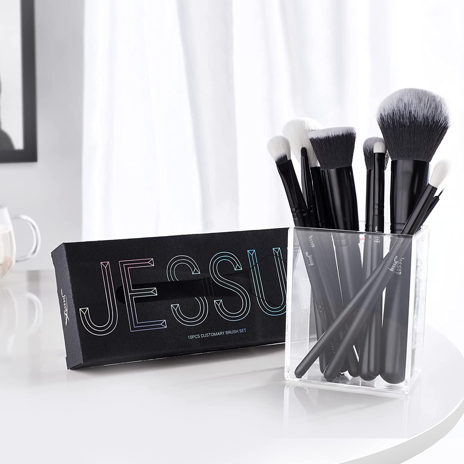 Makeup Brush Set 10Pcs Black Make up Brushes Set Professional with Natural Synthetic Hair for Foundation Blending Blush Concealer Eyeshadow Eyebrow Eyeliner, T323
